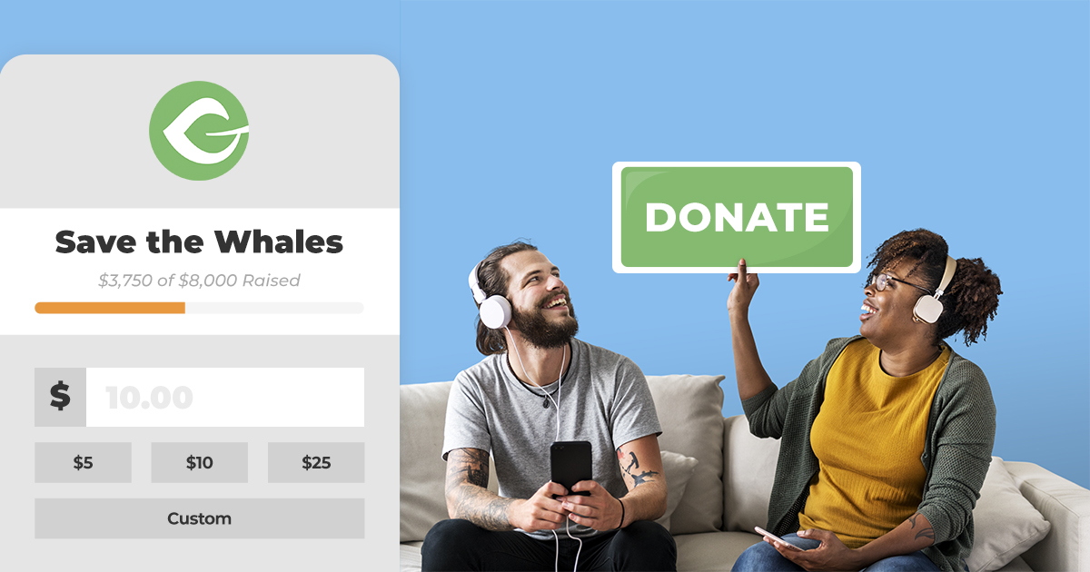 Interracial couple holding an online donation button, next to a Give Form popup.