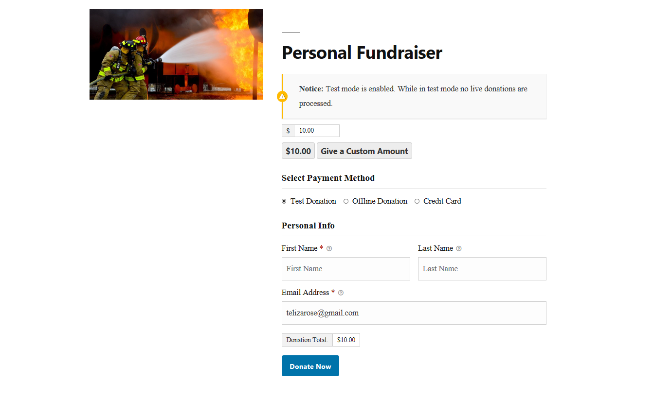 A fire-oreinted Personal Fundraiser: with a ten dollar and custom amount button set up on the Twenty-Ninteen WordPress default theme looks simple and makes it easy to give. 