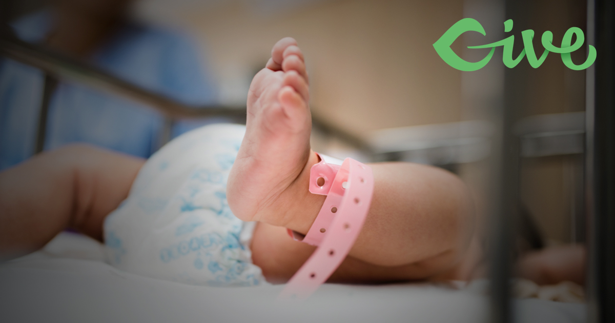 Personal Fundraising Simplified depicted with the foot of an infant with a hospital bracelet on it.
