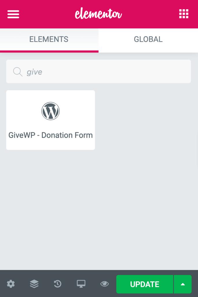 Select the GiveWP Module to open up the donation form options available in Elementor.
