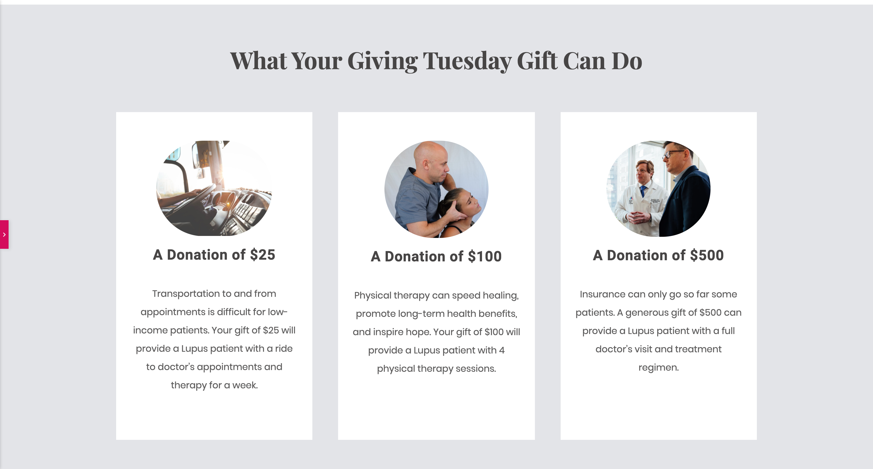 The title ‘What Your Giving Tuesday Gift Can Do’ followed by three images with donation levels between $25-$500 gives donors an idea of what their donation will cover.
