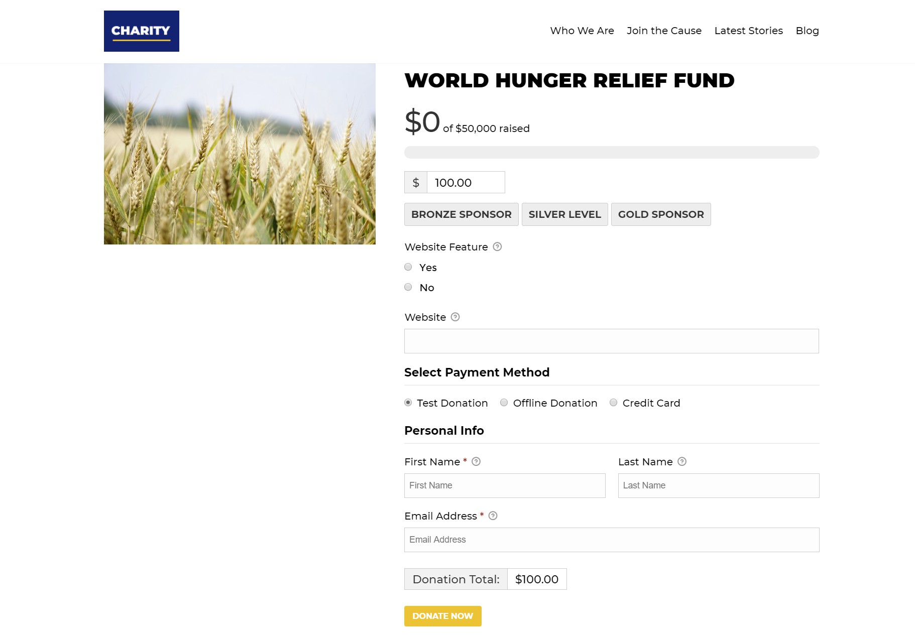 The World Hunger Relief donation form has $0 out of $150 raised and is displayed in English. 