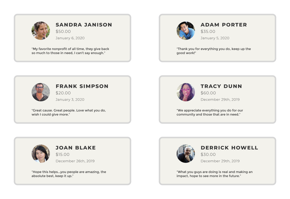 The GiveWP donor wall shows social proof in the form of comment cards that include donation amounts and donor avatars.