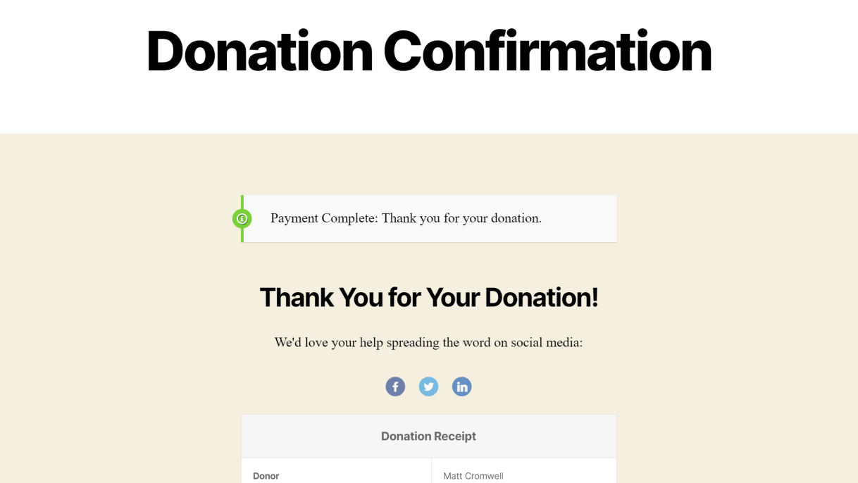 The donation confirmation page shows social sharing icons above the receipt.