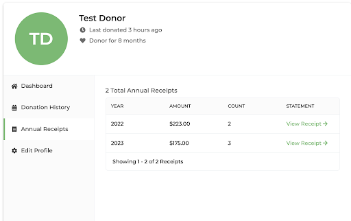 An example of the Donor Dashboard view
