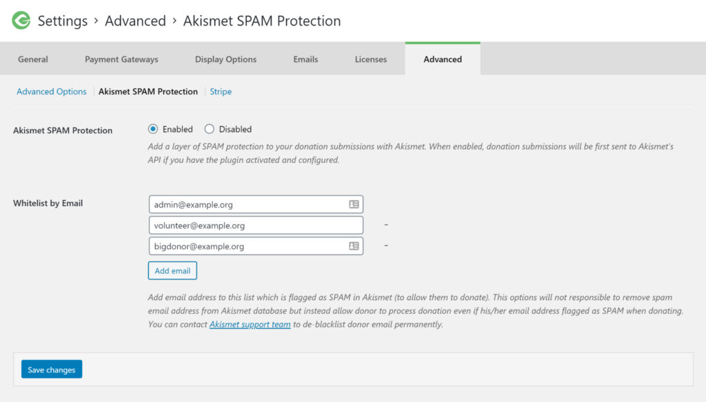 In GiveWP Settings > Advanced > Akismet , you can add donors to your Akismet whitelist.