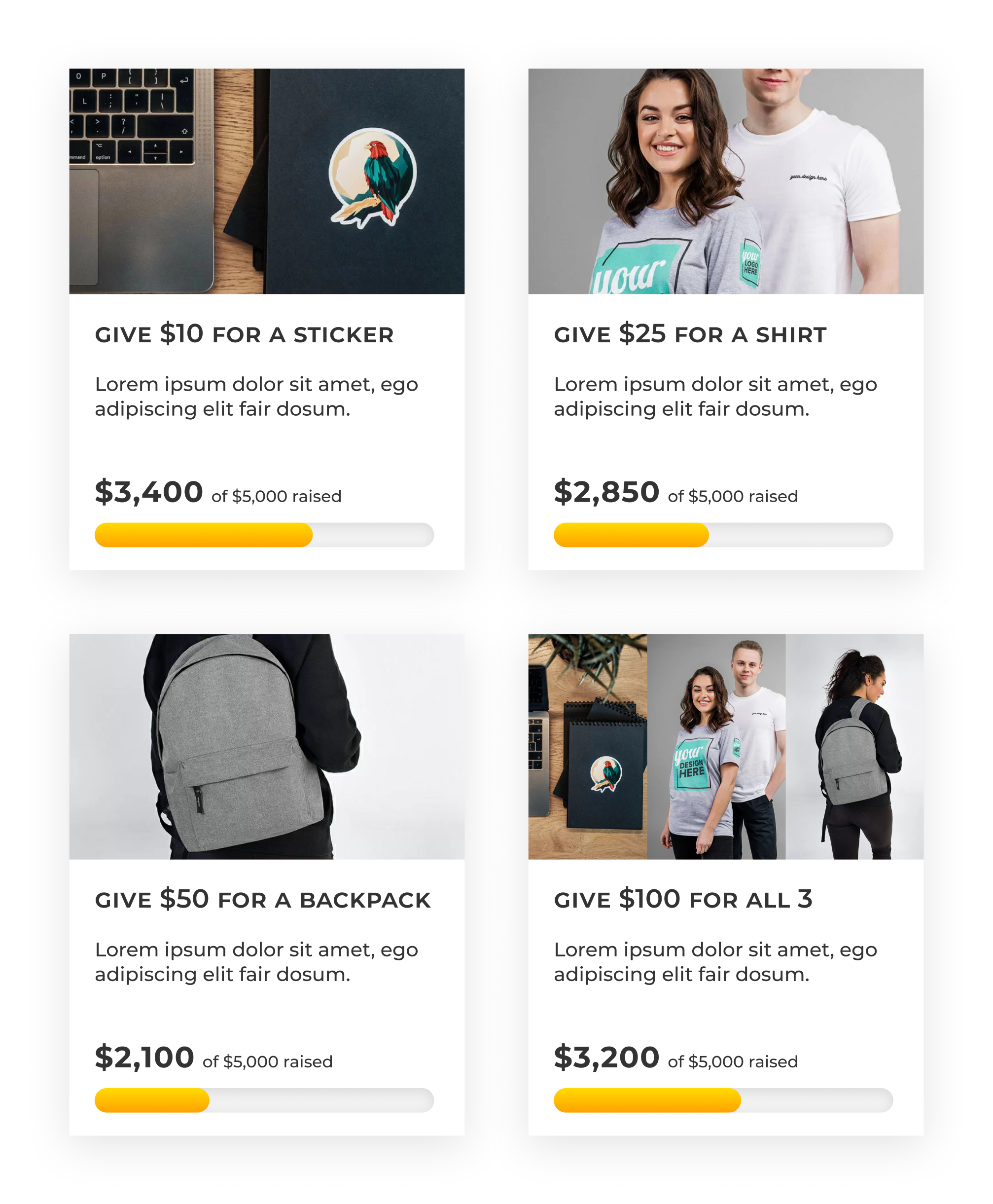 A donation form grid can be set with 4 different forms for various levels of giving that show donor gift options as: Give $10 for a sticker, $25 for a shirt, $50 for a backpack, or $100 for all three items.