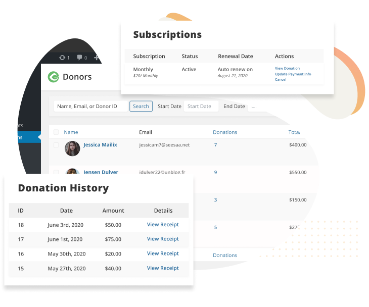 Donor account management is easy to do from the WordPress dashboard and you can allow your donors access to their accounts through email or on-site logins.