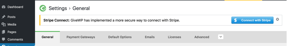 screenshot showing a yellow-bordered alert in the WordPress dashboard that reads “Stripe Connect: GiveWP has implemented a more secure way to connect with Stripe.” and a blue button with the words “Connect with Stripe”