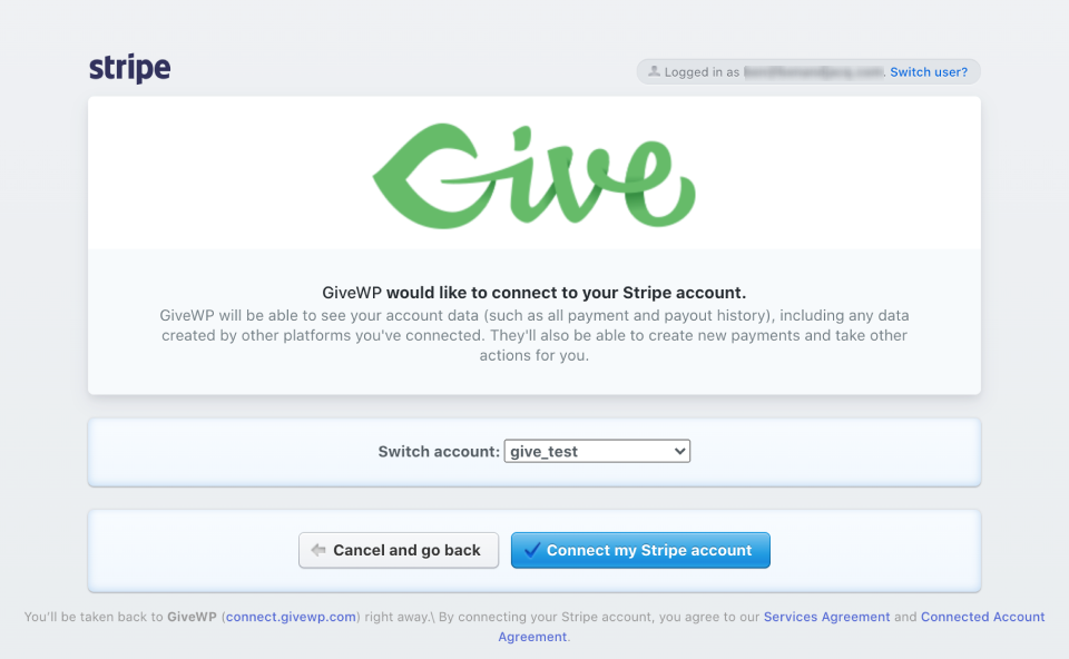 screenshot of the page that allows for connecting to Stripe. A large GiveWP logo is featured within the Stripe interface