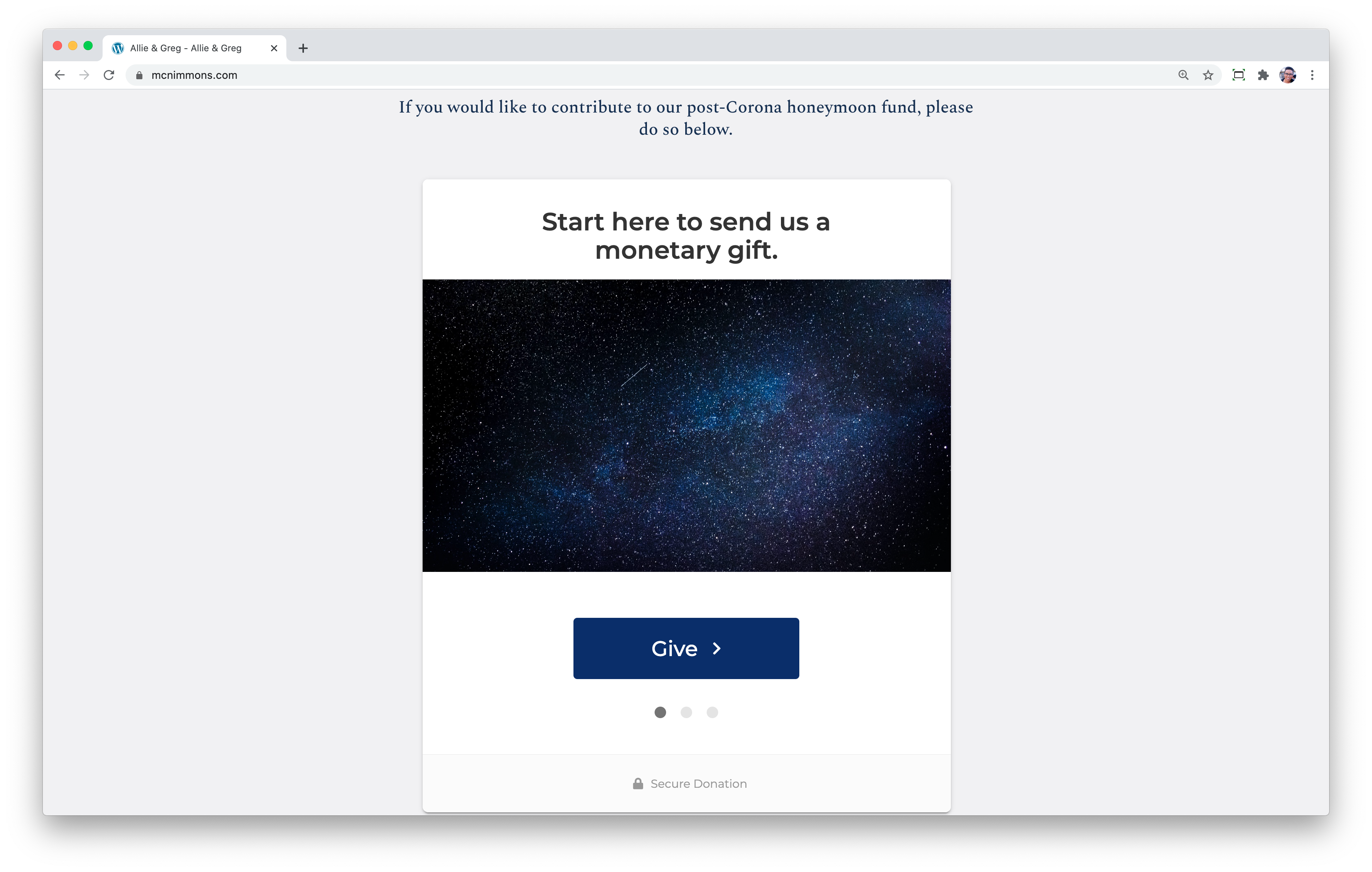 The donation form on their COVID wedding website has the same starry images as their invitations and asks people to give a virtual gift since they can't attend in person. 