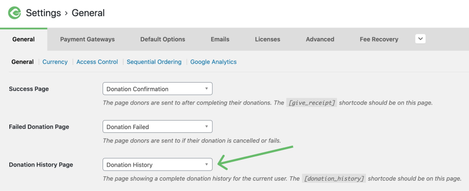 screenshot showing the donation history page settings under the general settings of GiveWP