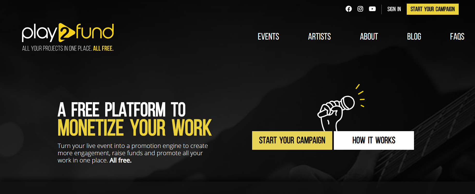 Play2Fund a free platform to monetize your work. Crowdunding campaigns for musicians hosting virtual concerts.