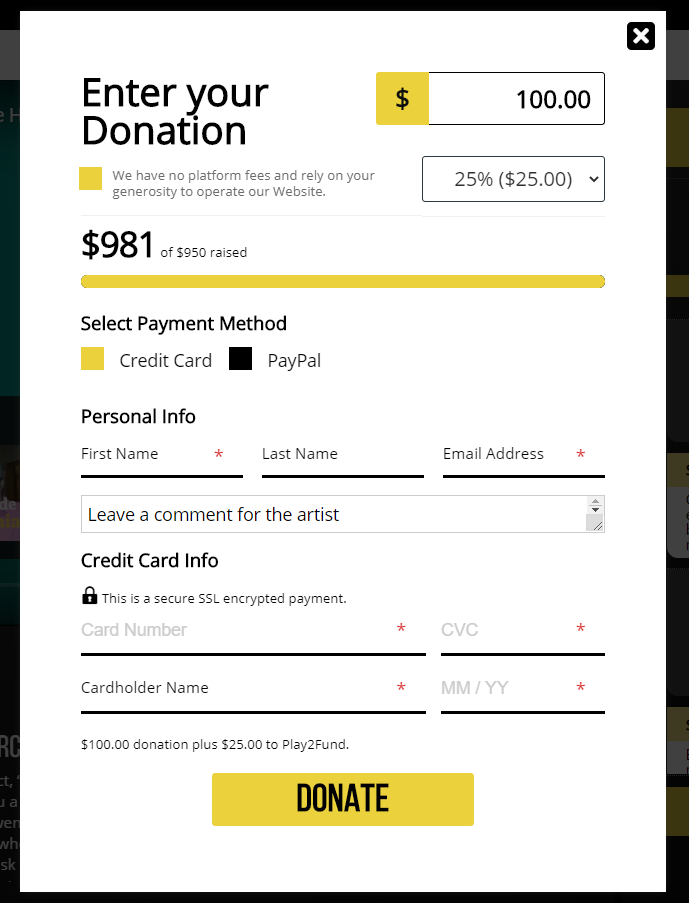 Enter Your Donation is followed by the option to give extra to the platform itself and a dropdown of options for giving.