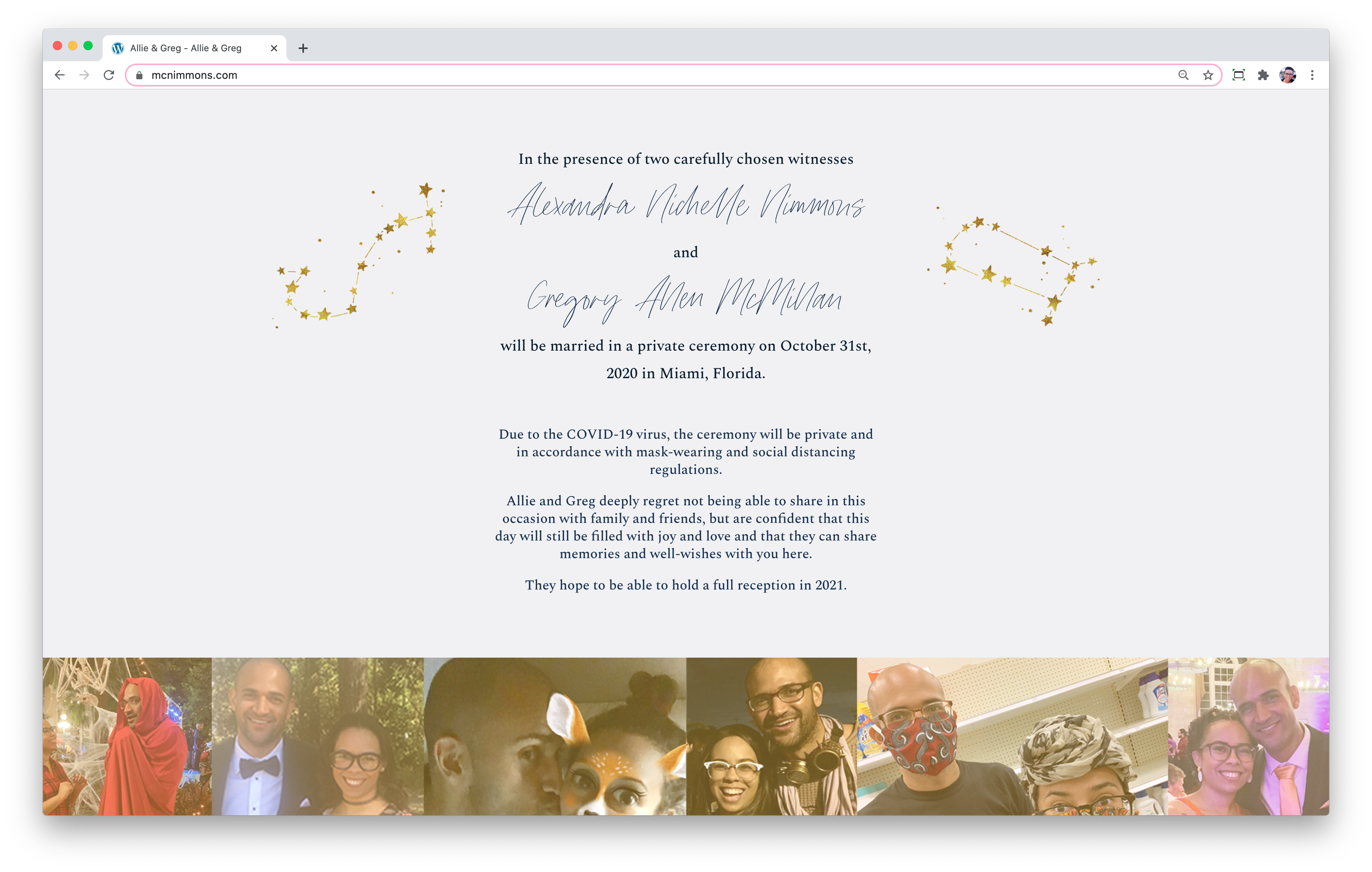 Allie and Greg's wedding website reflects the same designs as their invitations and explain the changes to their ceremony due to the COVID-19 pandemic.