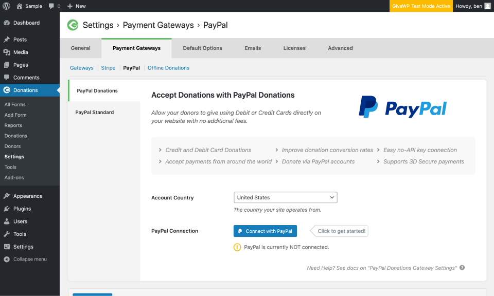 screenshot of the settings page before PayPal is connected.