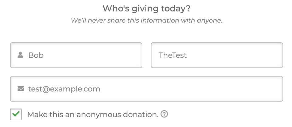 screenshot showing the “Make this an anonymous Donation” option on the multi-step form.