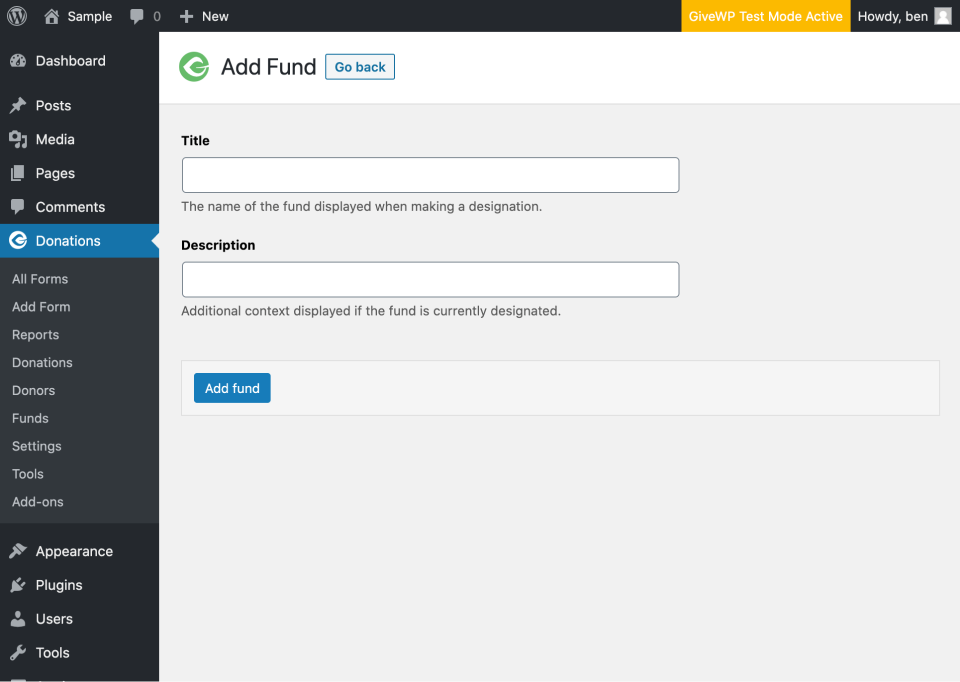 Screenshot of the Add Funds interface showing where to add the title and optional description for a new fund.