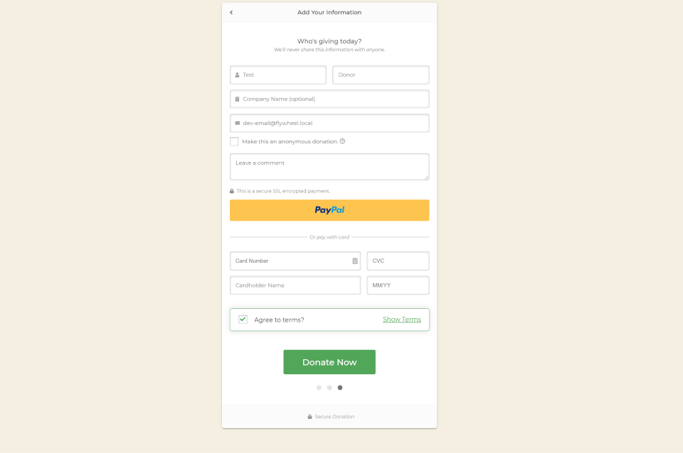 screenshot of a GiveWP form with both a yellow PayPal button and fields to enter a credit card