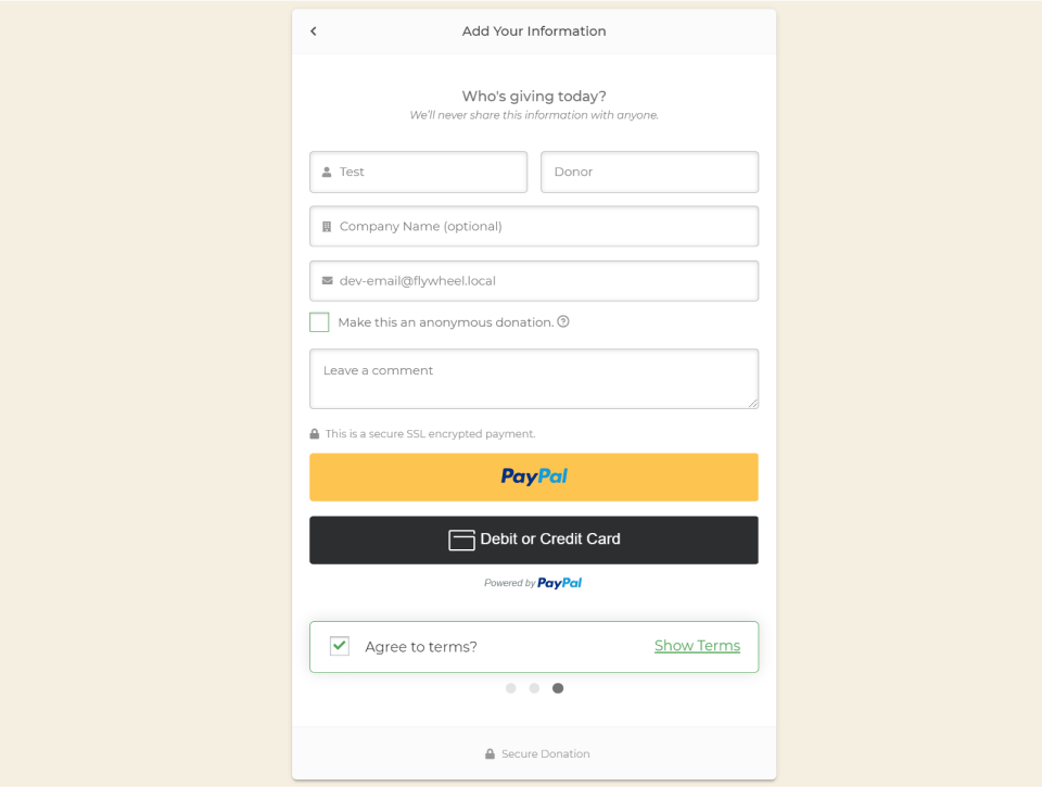 screenshot of the same form as above, but with two buttons, the yellow Paypal button and a black button that says "Debit or Credit Card"