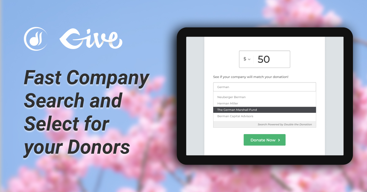 A donation form showing the ability to search for your company directly in the form through double the donation.