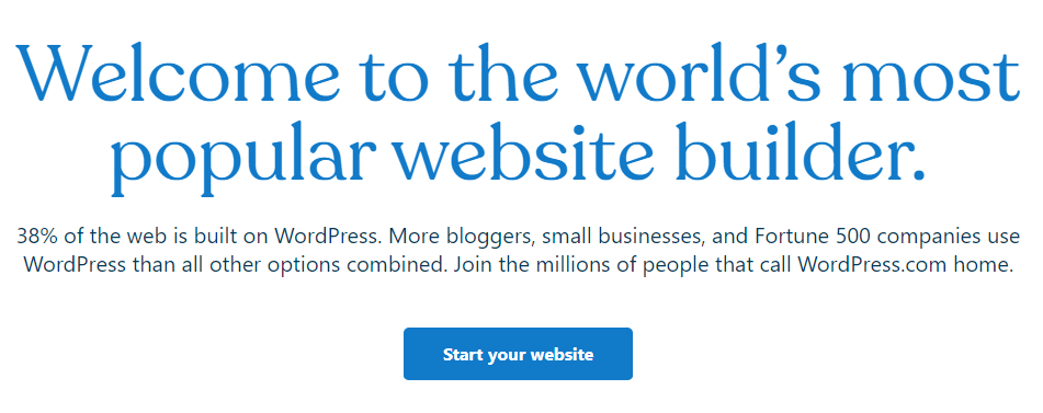 "Welcome to the world's most popular website builder" is written on the home page of WordPress.com.