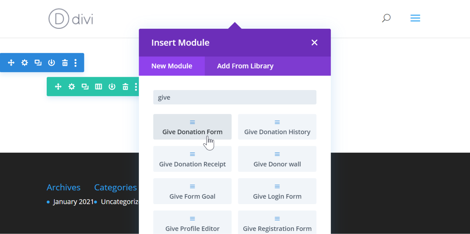 Divi Modules for GiveWP include donation form, donation history, donation receipt, donor wall, form goal, login form, profile editor, and registration form.