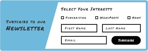 This newsletter opt in has options to select interests including fundraising, WordPress, and News.