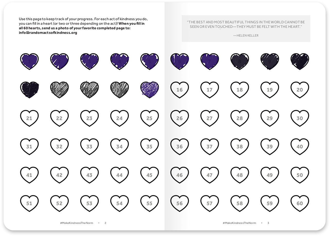 The Kindness Challenge Workbook allows you to work toward a goal of filling in all 60 hearts to signify acts of kindness.