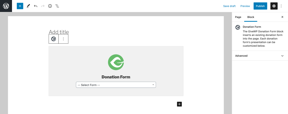 Screenshot of Selecting GiveWP Donation Form Within Form Block