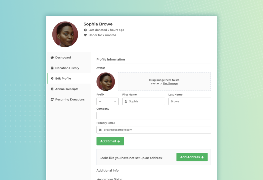 A screenshot of the donor dashboard, showing a donor named "Sophia Browe" with a custom avatar, and fields to customize the name, email address and avatar.