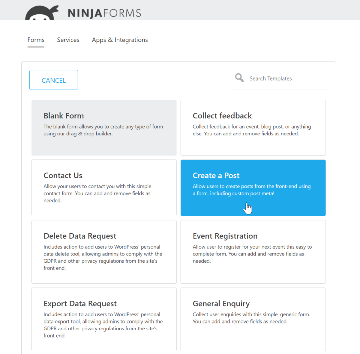 Create a Post is a Ninja Form template you can use, just like a contact us form, event registration, etc.