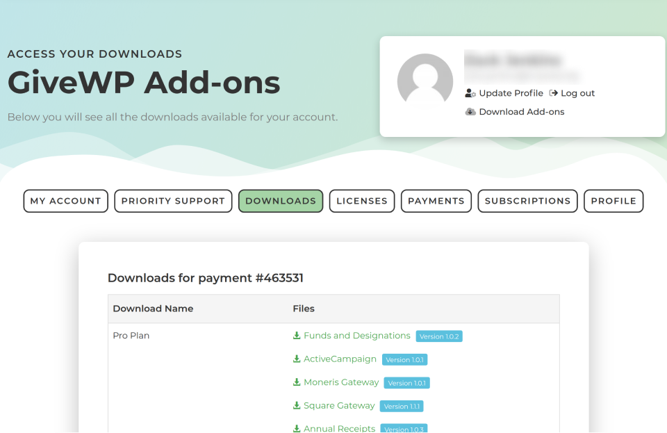 download GiveWP add-ons in GiveWP account