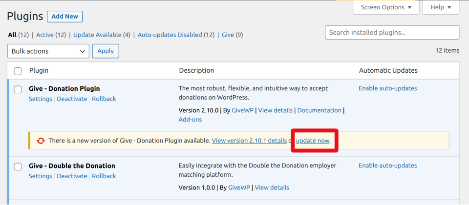 WordPress notification to update GiveWP plugin