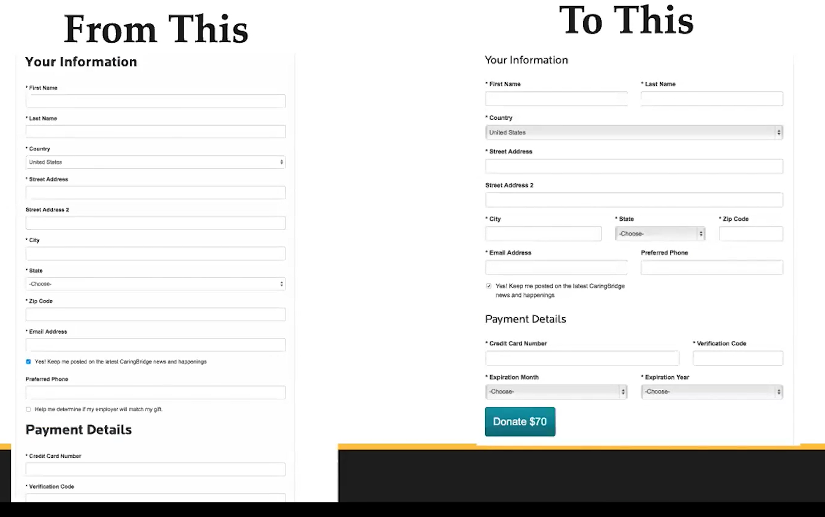 Two donation forms side by side ask for the same information, but one is visually shorter.