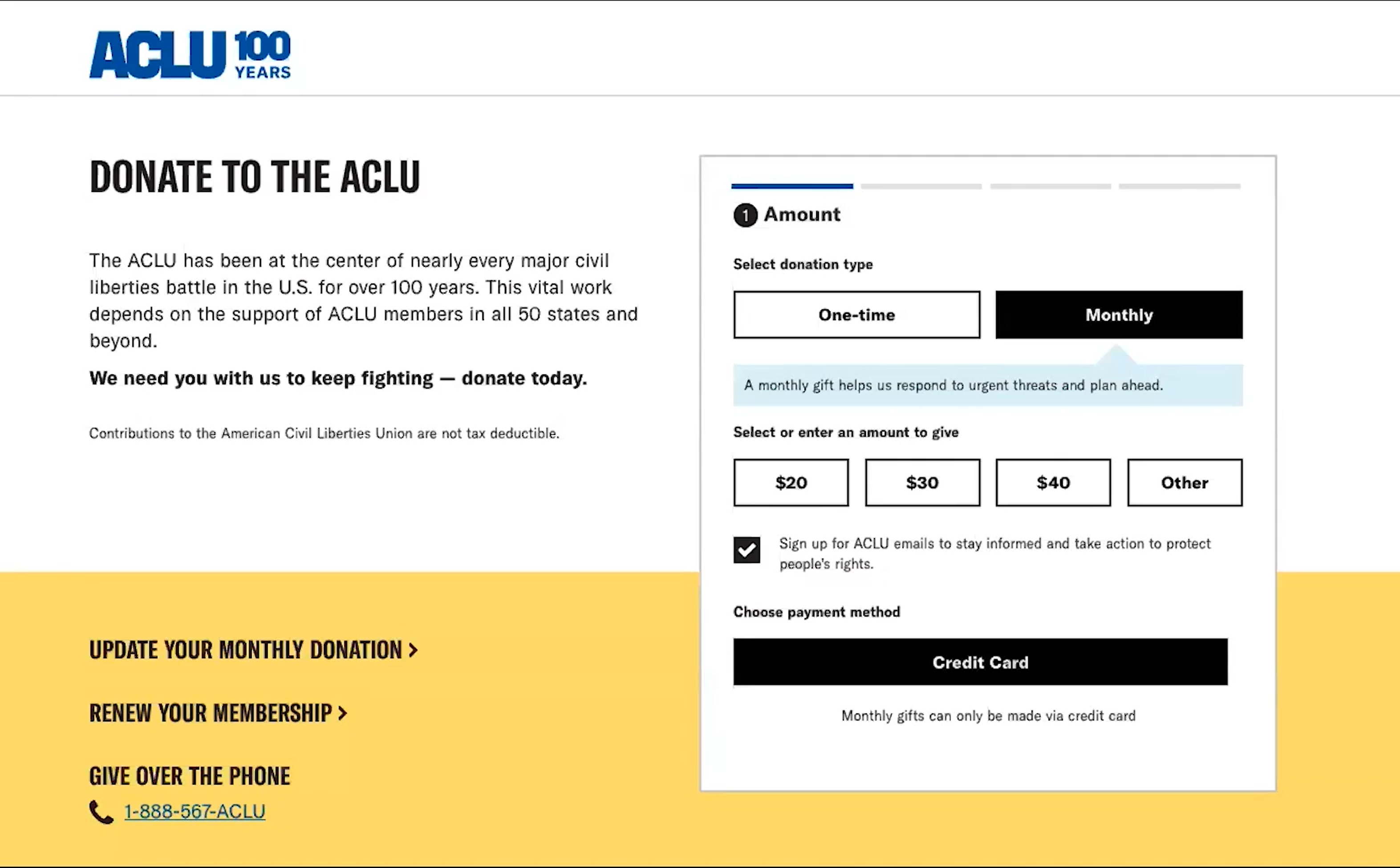 The ACLU General Donation Page has side by side content and form with no header navigation.