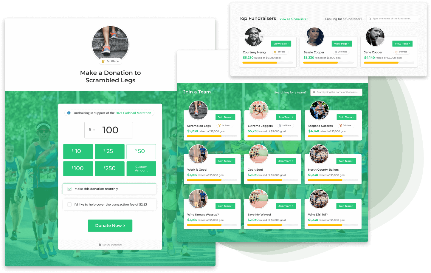 The GiveWP peer-to-peer fundraising suite allows for individual or team fundraising and includes an optional leaderboard.