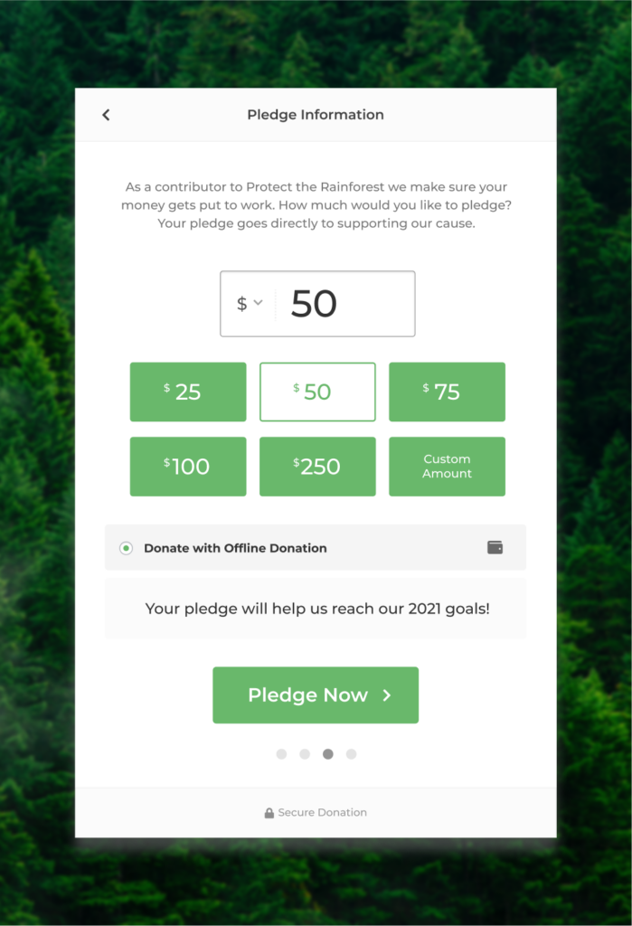 A GiveWP form showing donation suggestions, offline donations, and the submit button saying Pledge Now