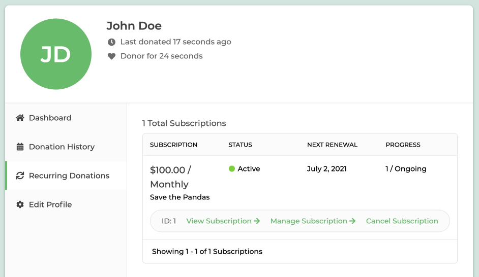 The recurring donations management page using the GiveWP Donor Dashboard
