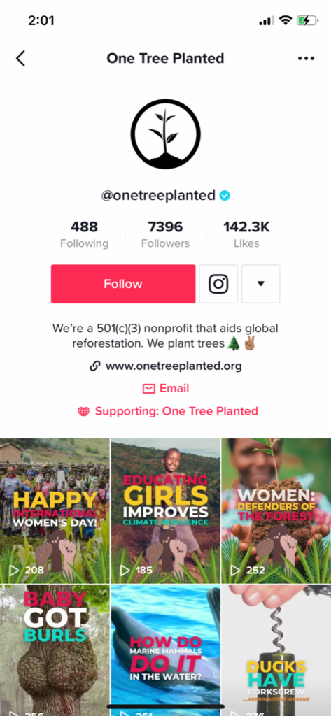 One Tree Planted usews their TikTok page to share stories with clear titles.