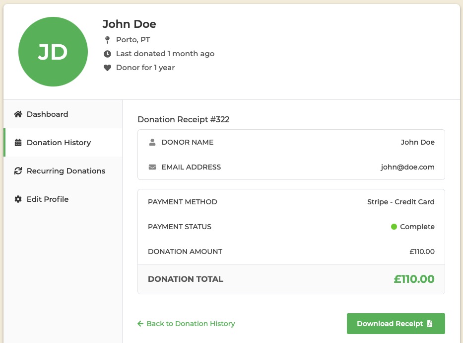 GiveWP Donor Dashboard with PDF Receipt button