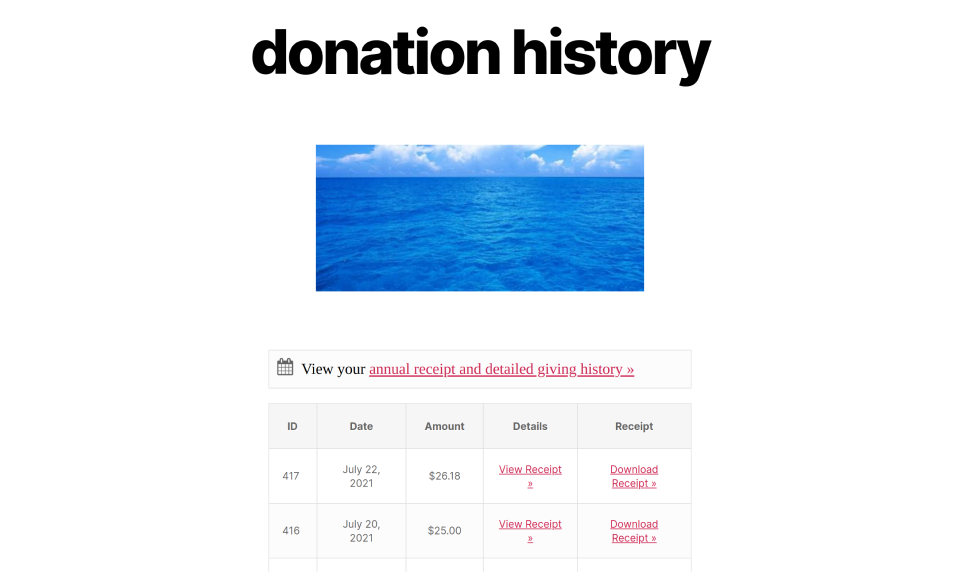 Donation History Page with links to download PDF receipt
