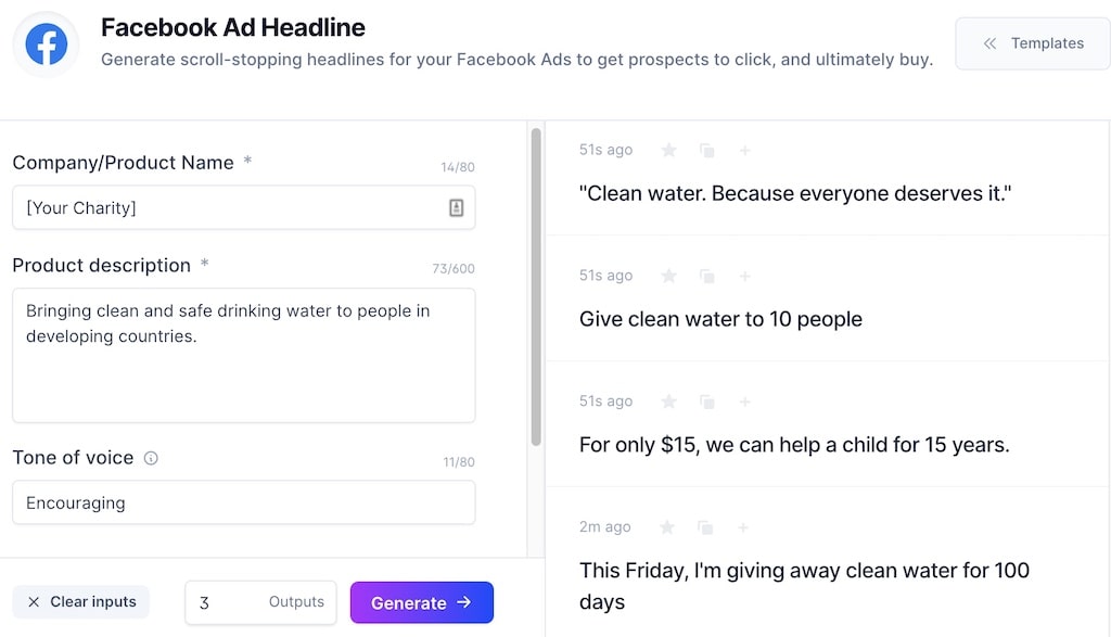 The Facebook Ad Headline generator asks for your name, description, and a tone of voice to generate compelling headlines.