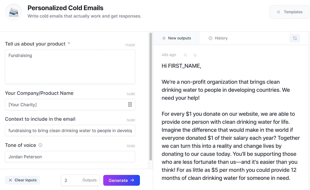 Personalized cold email generator asks for information about the product, company name, context to include in the email, and a tone of voice.