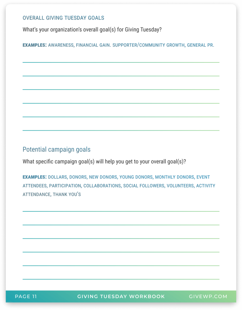 The GiveWP Giving Tusday workbook includes a page with exercises to set your overall giving tuesday goals as well as campaign goals with specific numerical values.