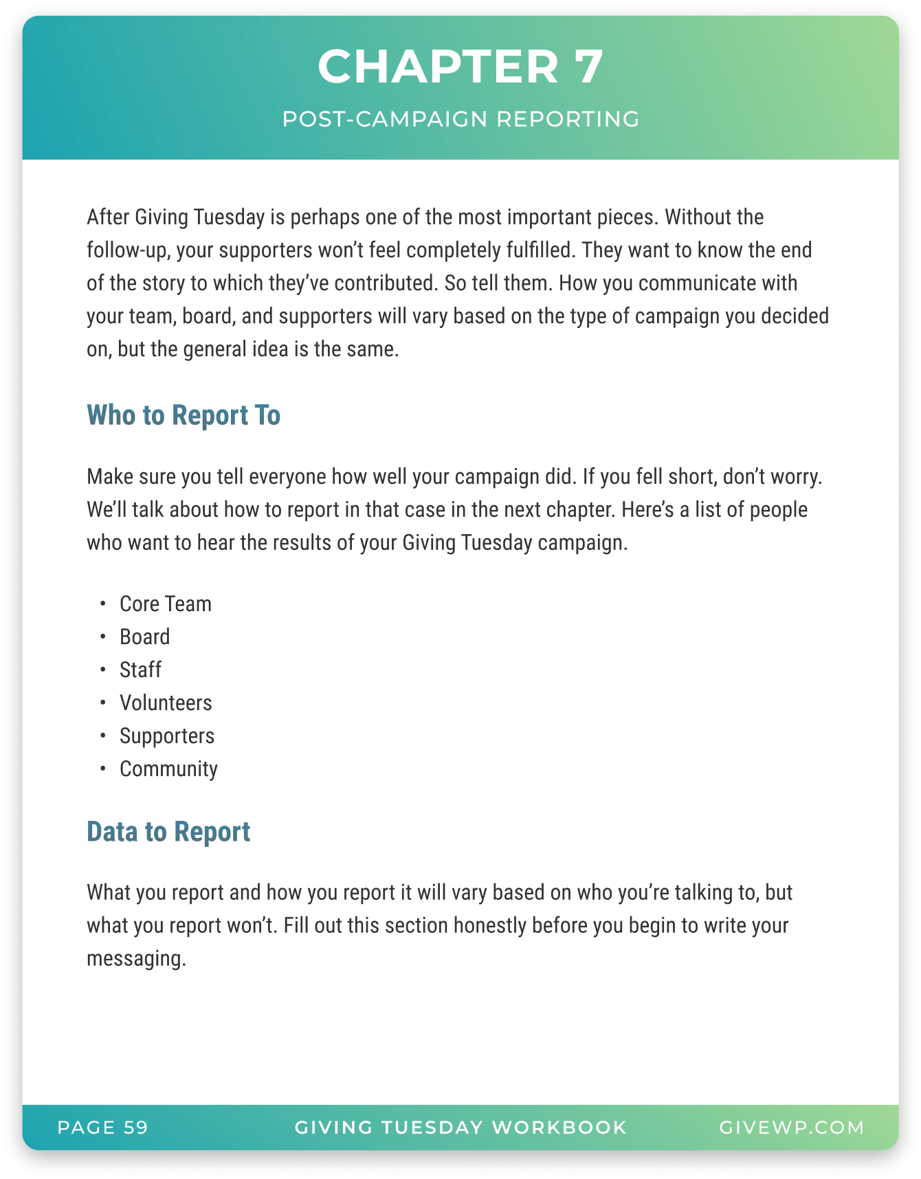 The workbook also includes post-campaign advice, including reporting and what to do if you do not reach your campaign goals.