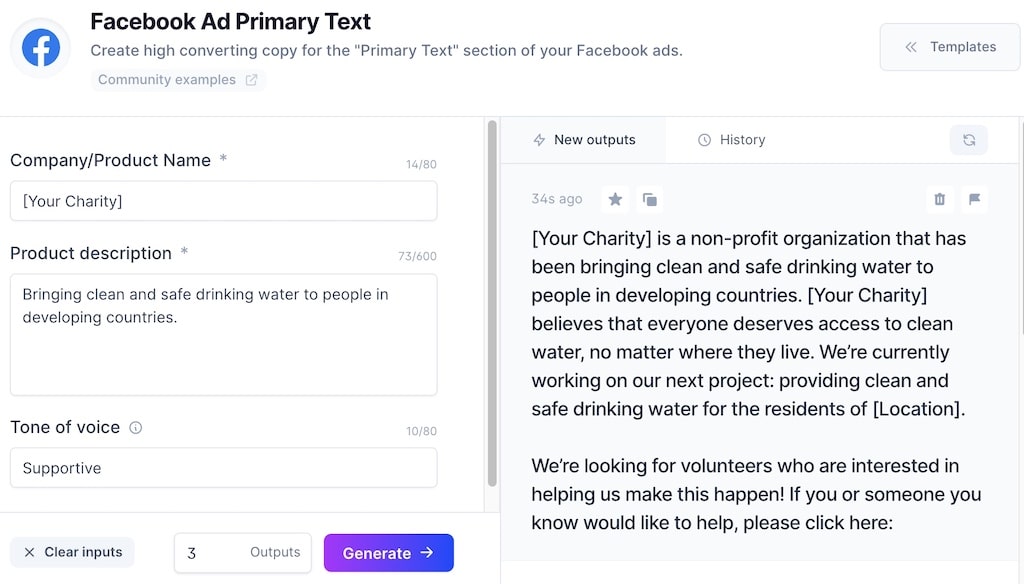 The Facebook Ad Primary Text analyzer allows you to choose a tone of voice, input your charity name and description, to produce longer-form text with more content. 