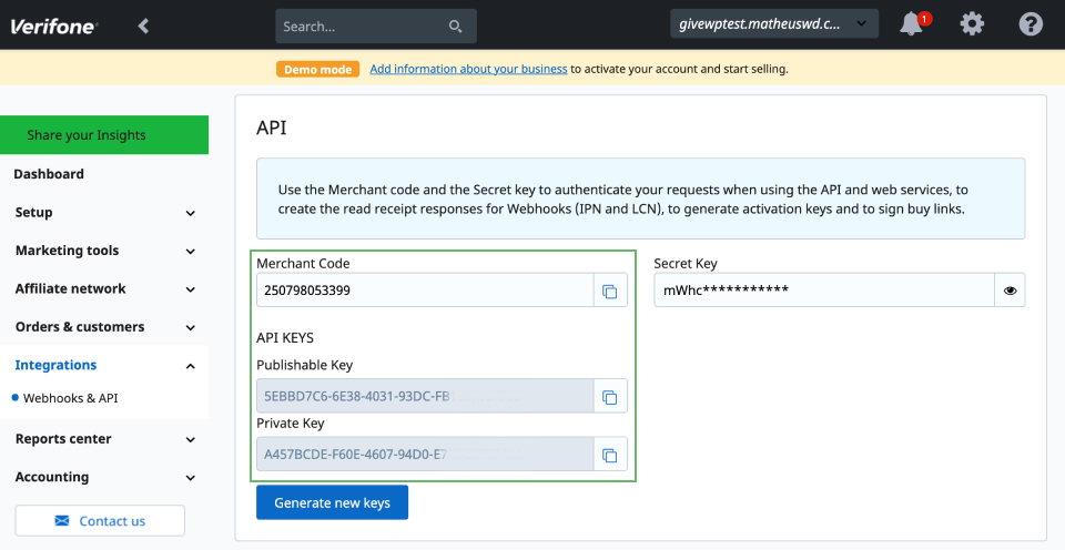 Get the API Keys information for 2checkout