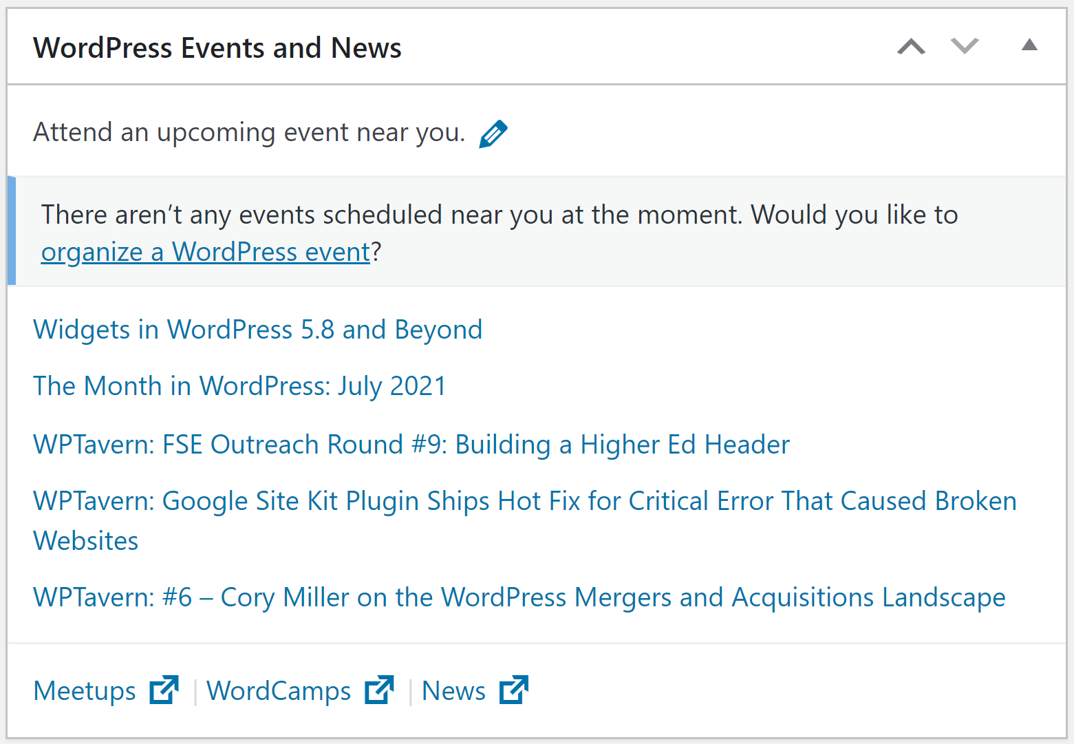 The WordPress events and news widget gives you links to meetups, events, and news.