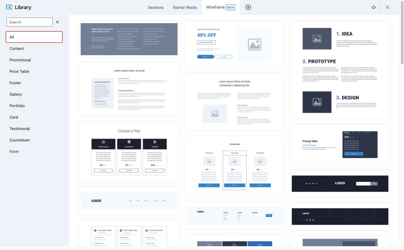 The Kadence wireframe library includes elements for content, headers, etc. 